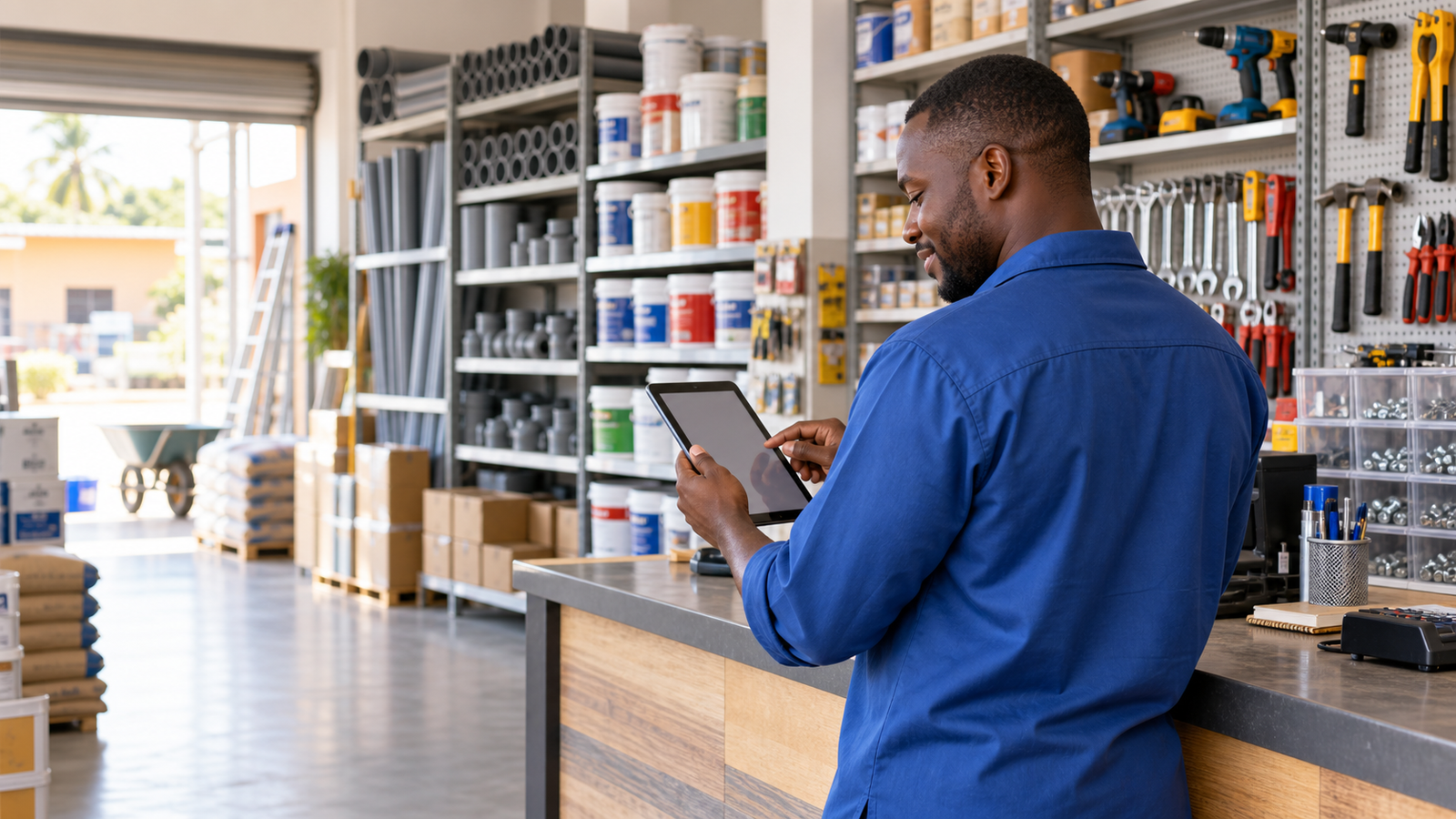 Propriétaire de quincaillerie utilisant GestiQuinc sur une tablette